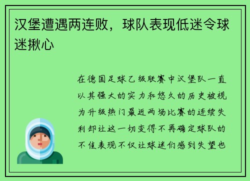 汉堡遭遇两连败，球队表现低迷令球迷揪心