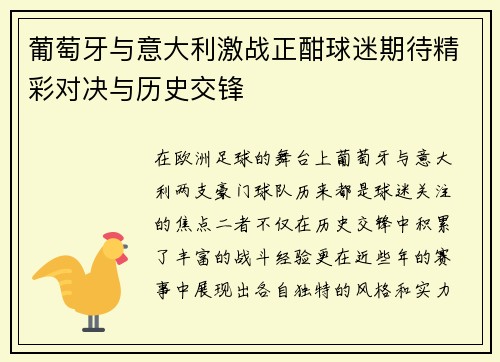 葡萄牙与意大利激战正酣球迷期待精彩对决与历史交锋